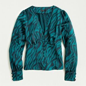 J. Crew Emerald Green and Black Striped Satin Blouse Sz 8 Deep V zebra stripe